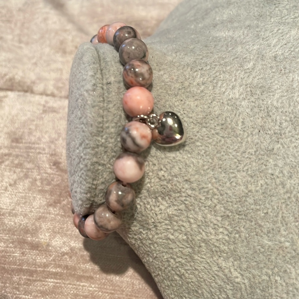 Natural Pink Marble Jasper Beaded Bracelet With Silver Heart 6.5”